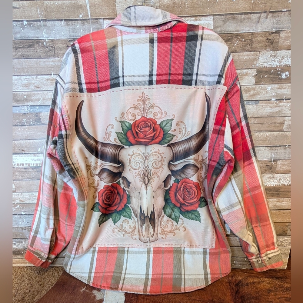 Boho Southwestern Bull W Roses Upcycled Dip Dye Bleached Flannel Shirt
